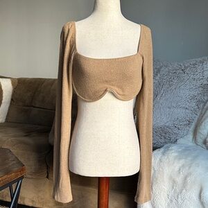 emory park Ribbed Scoop Neck Crop Top - Camel Brown